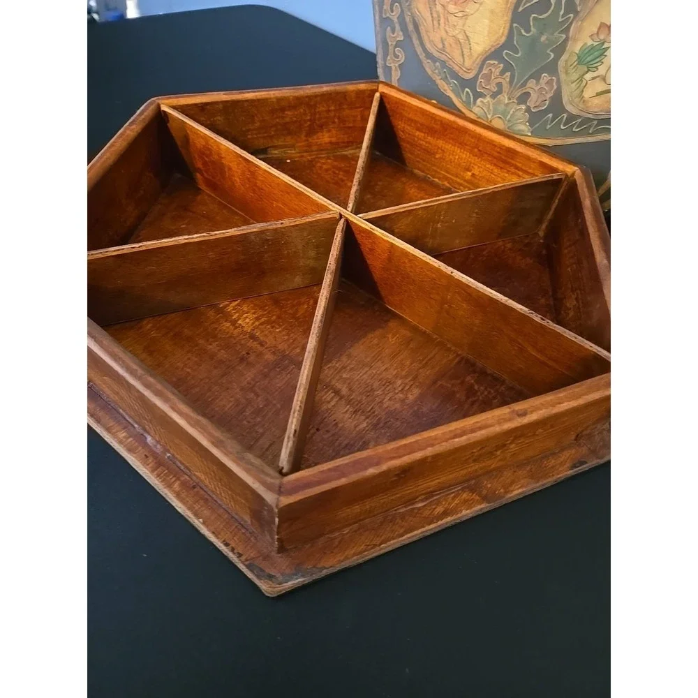 Antique Large Hexagonal Wooden Box Asian Hand Painted 6 Inside Compartments Rare